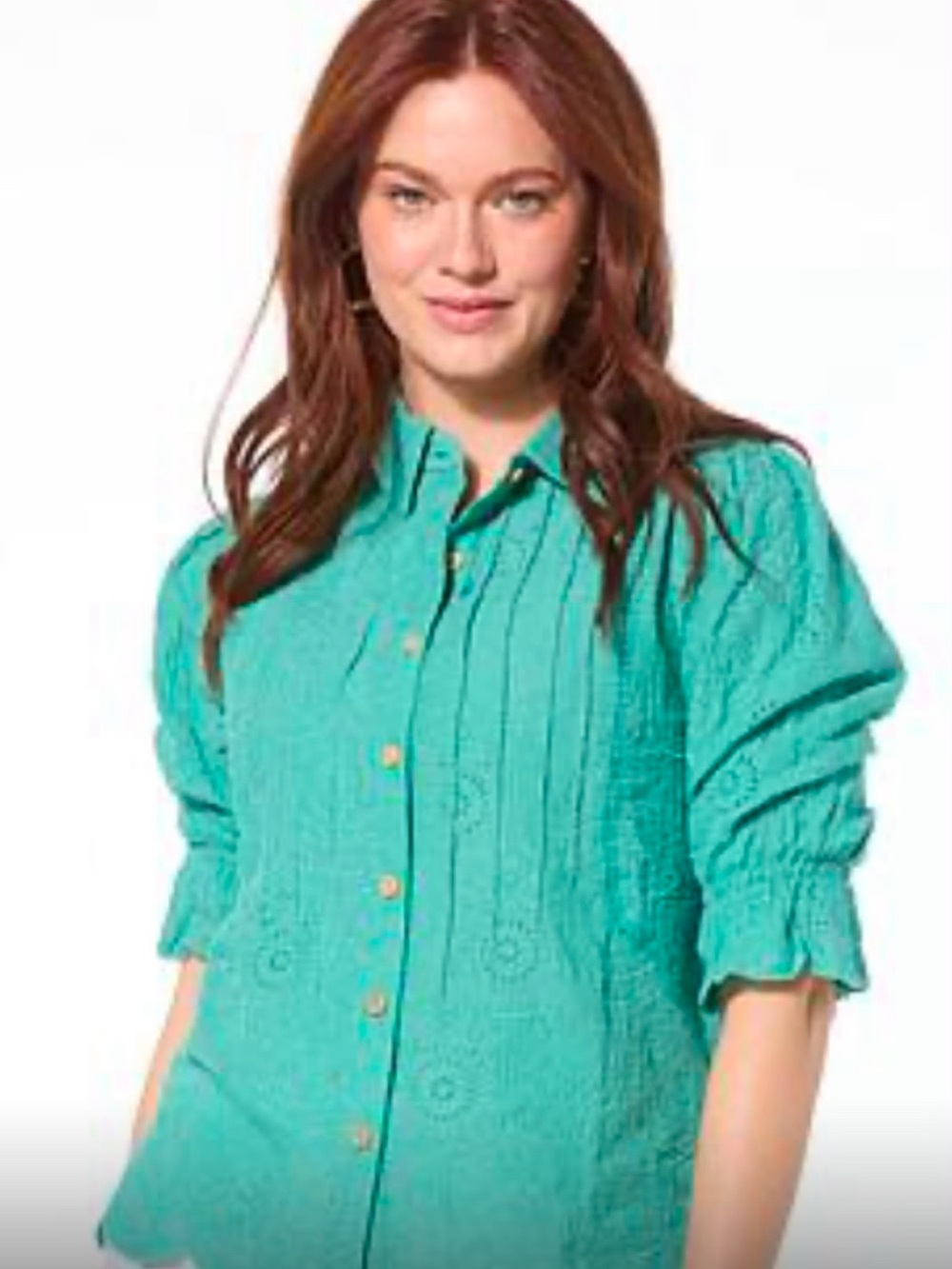 Democracy Teal Eyelet Button-Down Shirt